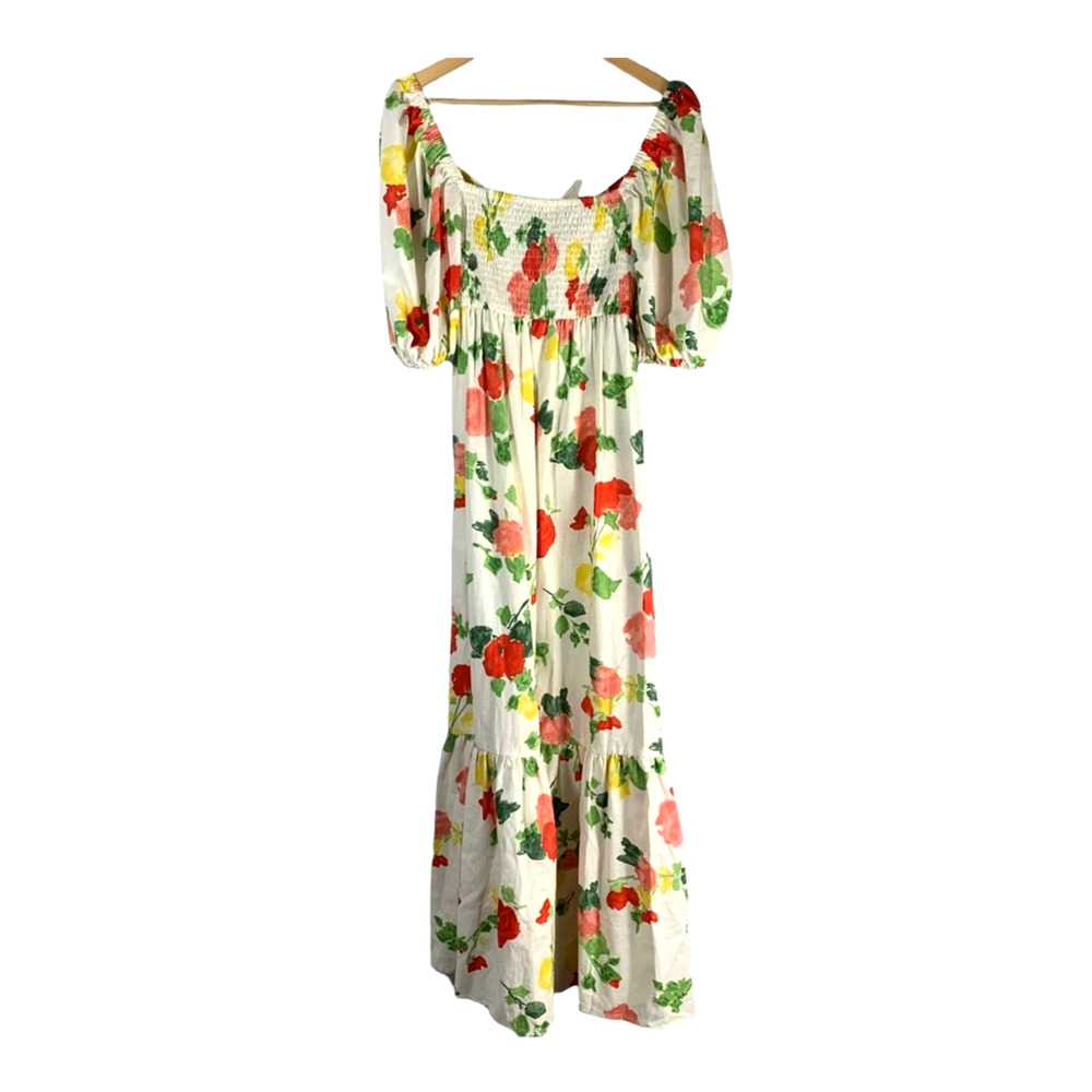 Sezane 4 Carlotta Linen Puff Sleeve Maxi Dress $450 Floral Poppy Square Neck 36 - Picture 4 of 13